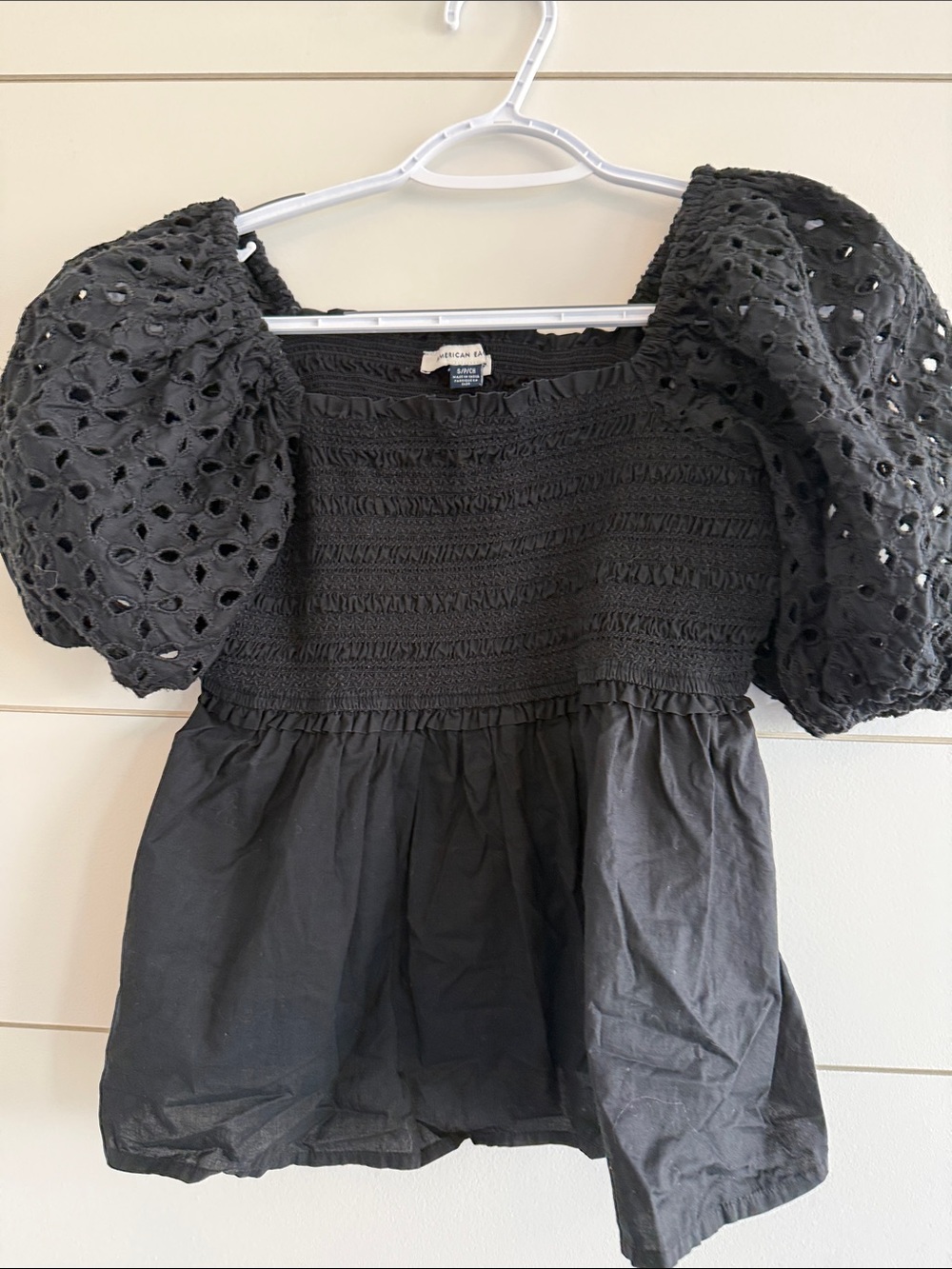 American Eagle Outfitters Black Eyelet Puff Sleeve Smocked Peplum Top